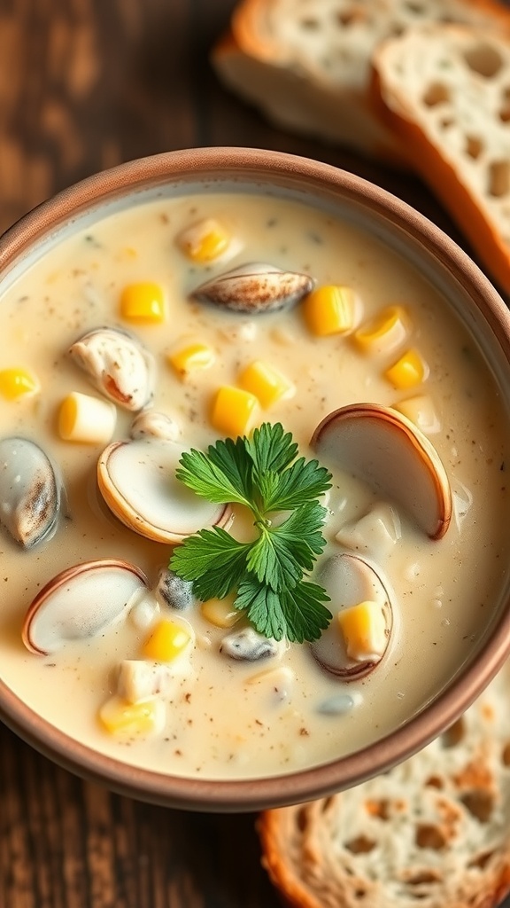 A bowl of clam and corn chowder with clams and corn, garnished with parsley, on a rustic table with bread.