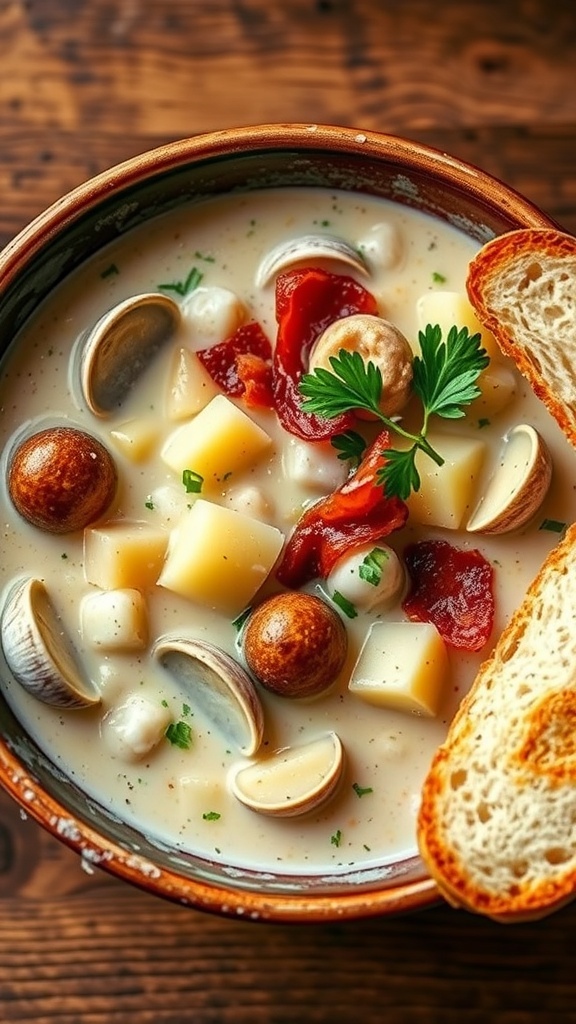 A bowl of creamy clam chowder with clams, potatoes, bacon, and parsley on a wooden table with bread.