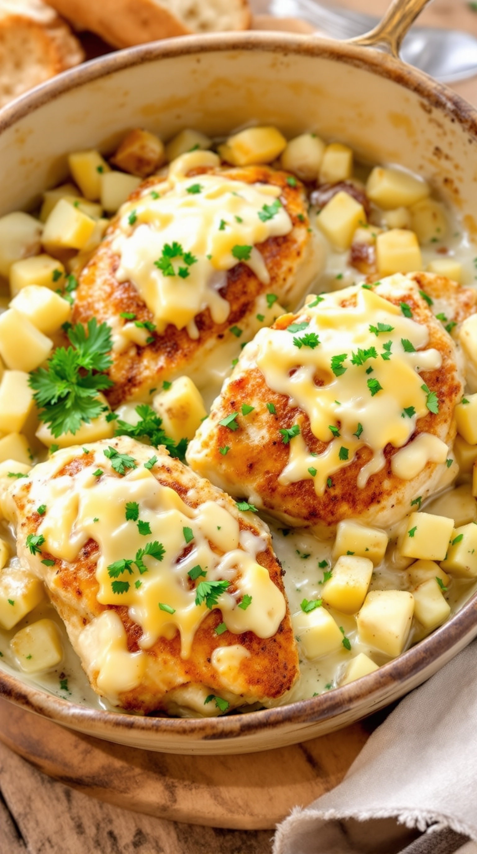 Creamy garlic cheesy chicken with potatoes, garnished with parsley, served in a rustic bowl.