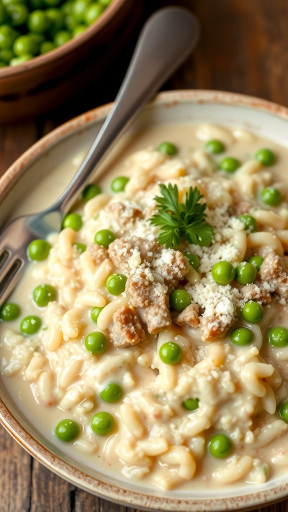 A bowl of creamy ground beef and pea risotto garnished with Parmesan cheese and parsley on a wooden table.