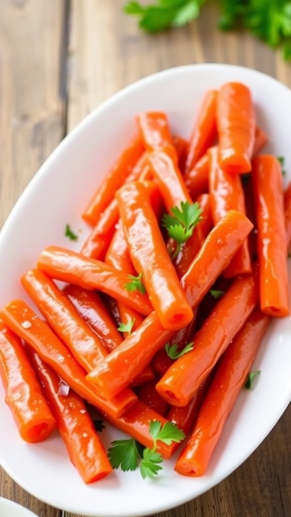 A plate of maple glazed carrots garnished with parsley, on a rustic wooden table.