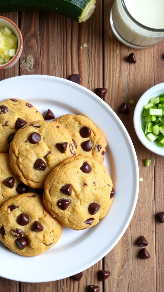 A plate of zucchini chocolate chip cookies with melted chocolate chips, served with a glass of milk.