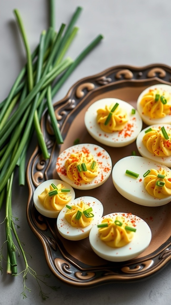 A platter of deviled eggs topped with smoked paprika and chives, surrounded by fresh chives.