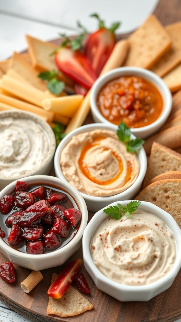 A Christmas charcuterie board featuring various dips and spreads in small bowls, surrounded by crackers and fresh vegetables.