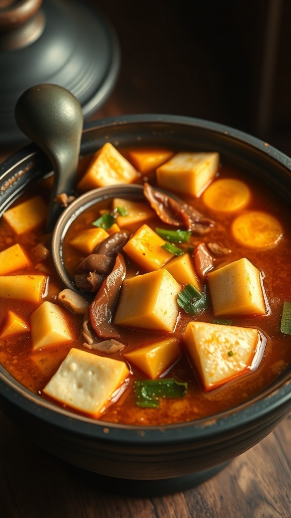 A bowl of Doenjang Jjigae with tofu and vegetables in a rich broth.