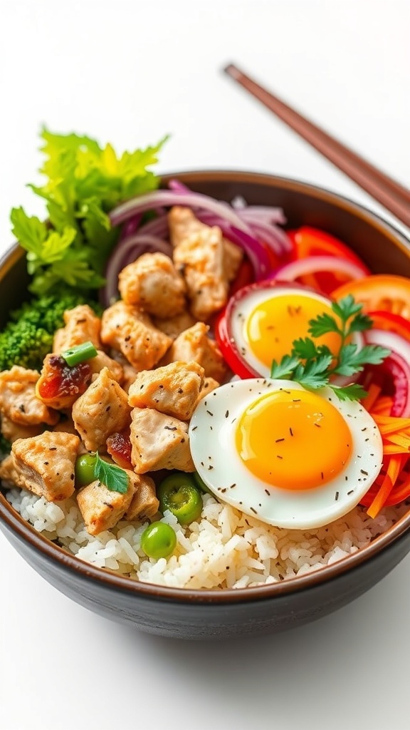 A delicious donburi rice bowl featuring chicken, vegetables, and a fried egg on top.