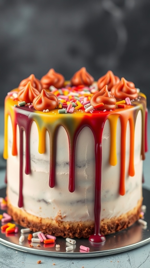 A colorful drip cake with vibrant ganache and sprinkles on top.
