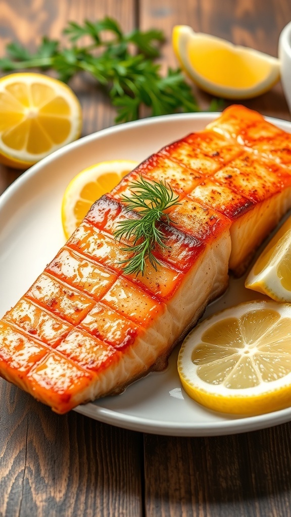 Oven-baked salmon fillet with dill and lemon on a white plate, garnished with fresh herbs.