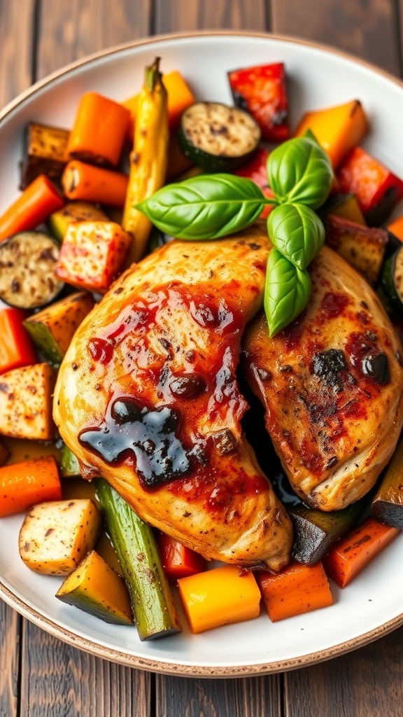 Balsamic chicken with roasted vegetables on a plate, garnished with basil, on a rustic wooden table.