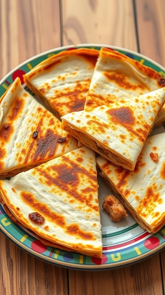 A plate of golden-brown chicken quesadillas cut into wedges, showcasing melted cheese and crispy tortillas.