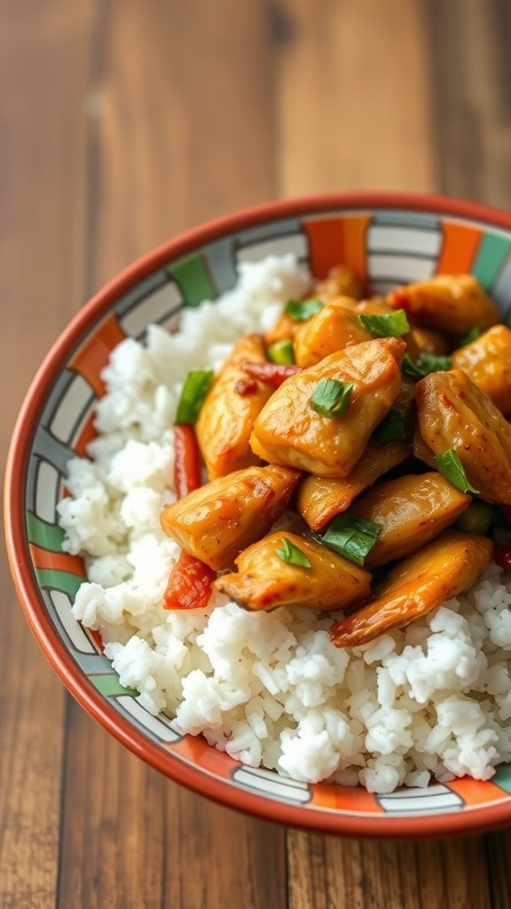 A bowl of chicken stir-fry with rice, featuring colorful vegetables and green onions.