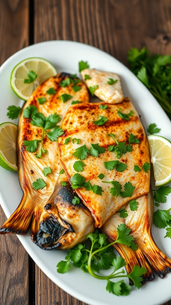 Grilled fish fillets garnished with cilantro and lime on a rustic wooden table.