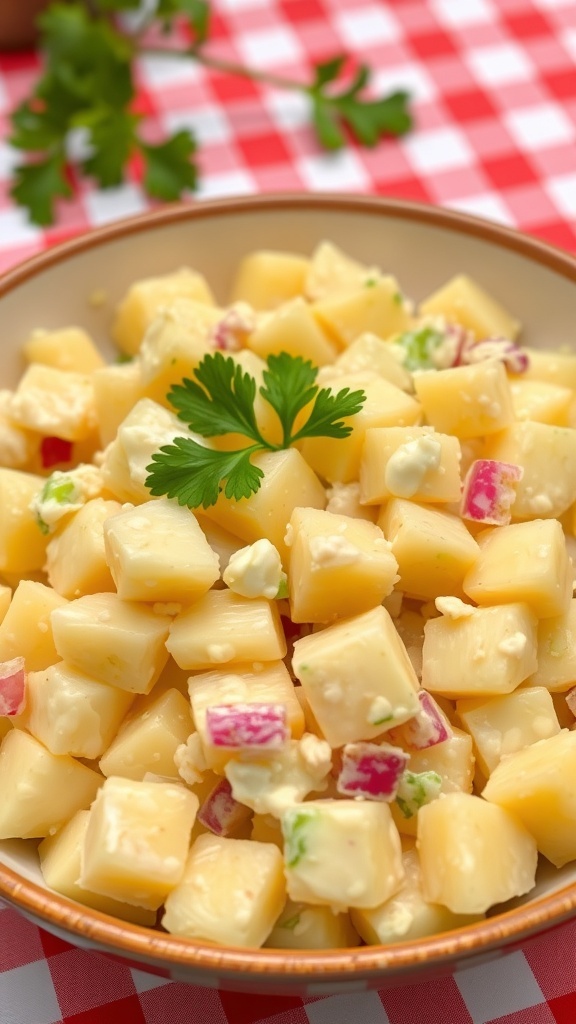 A bowl of classic potato salad with diced potatoes, mayonnaise, celery, and parsley on a picnic table.