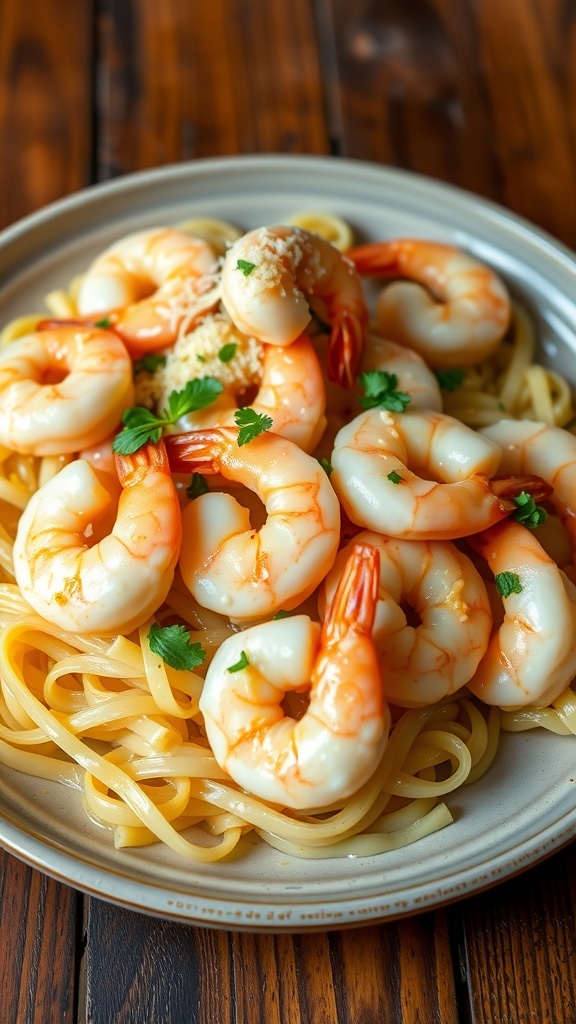 Creamy garlic butter shrimp served over pasta, garnished with parsley and Parmesan.
