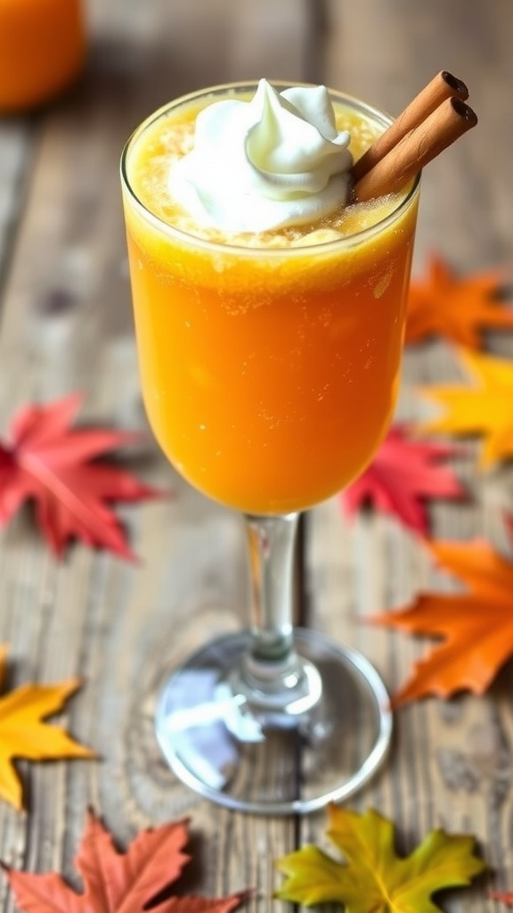 A glass of Pumpkin Patch Spritzer with cinnamon stick and whipped cream, surrounded by autumn leaves.