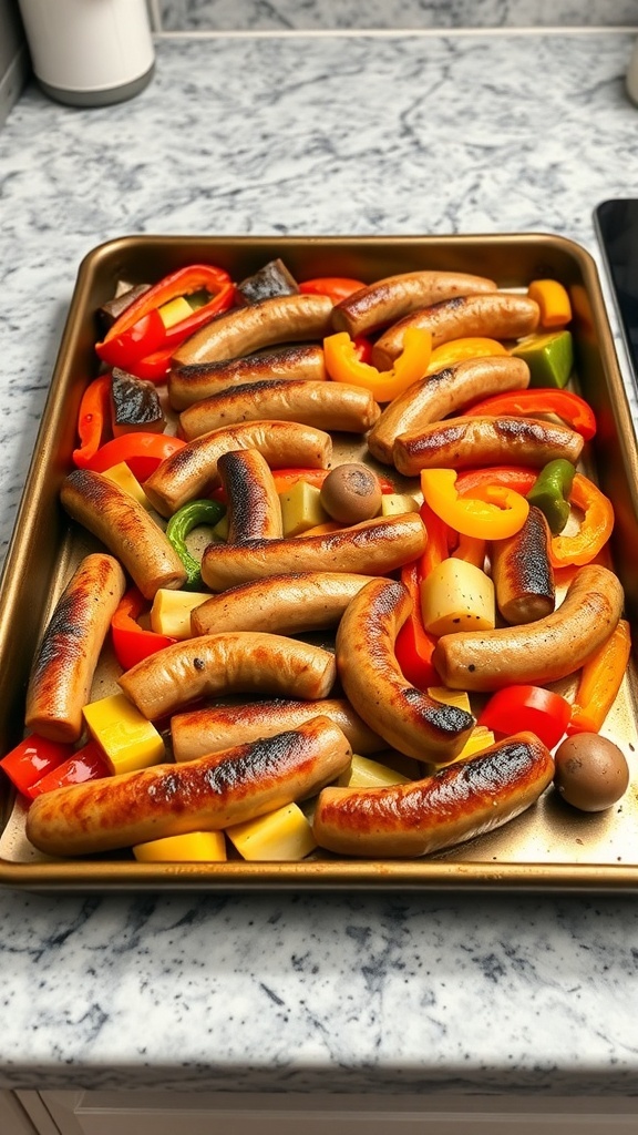 A sheet pan filled with sausages and colorful bell peppers ready for roasting.
