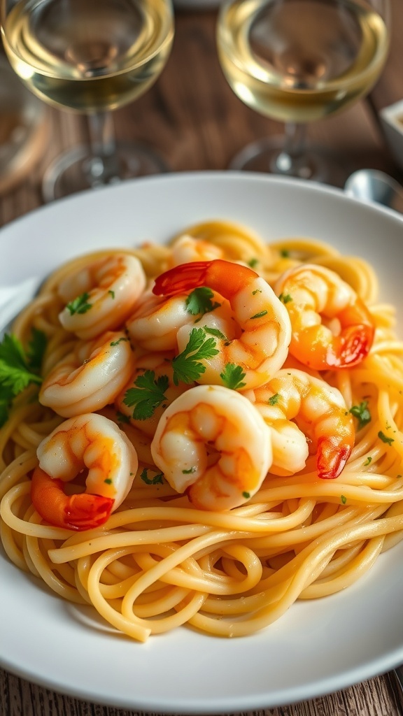 A plate of shrimp scampi with garlic butter sauce and parsley over pasta, accompanied by a glass of white wine.