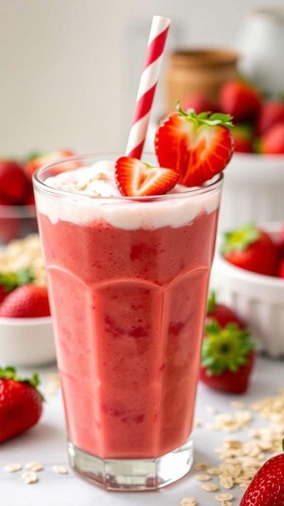 A refreshing strawberry oat smoothie in a glass, garnished with strawberries and oats, in a bright kitchen.