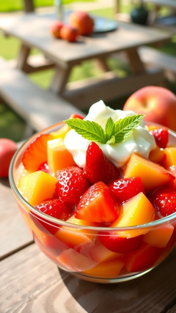 A colorful bowl of strawberry and peach dessert topped with whipped cream and mint leaves in a sunny outdoor setting.