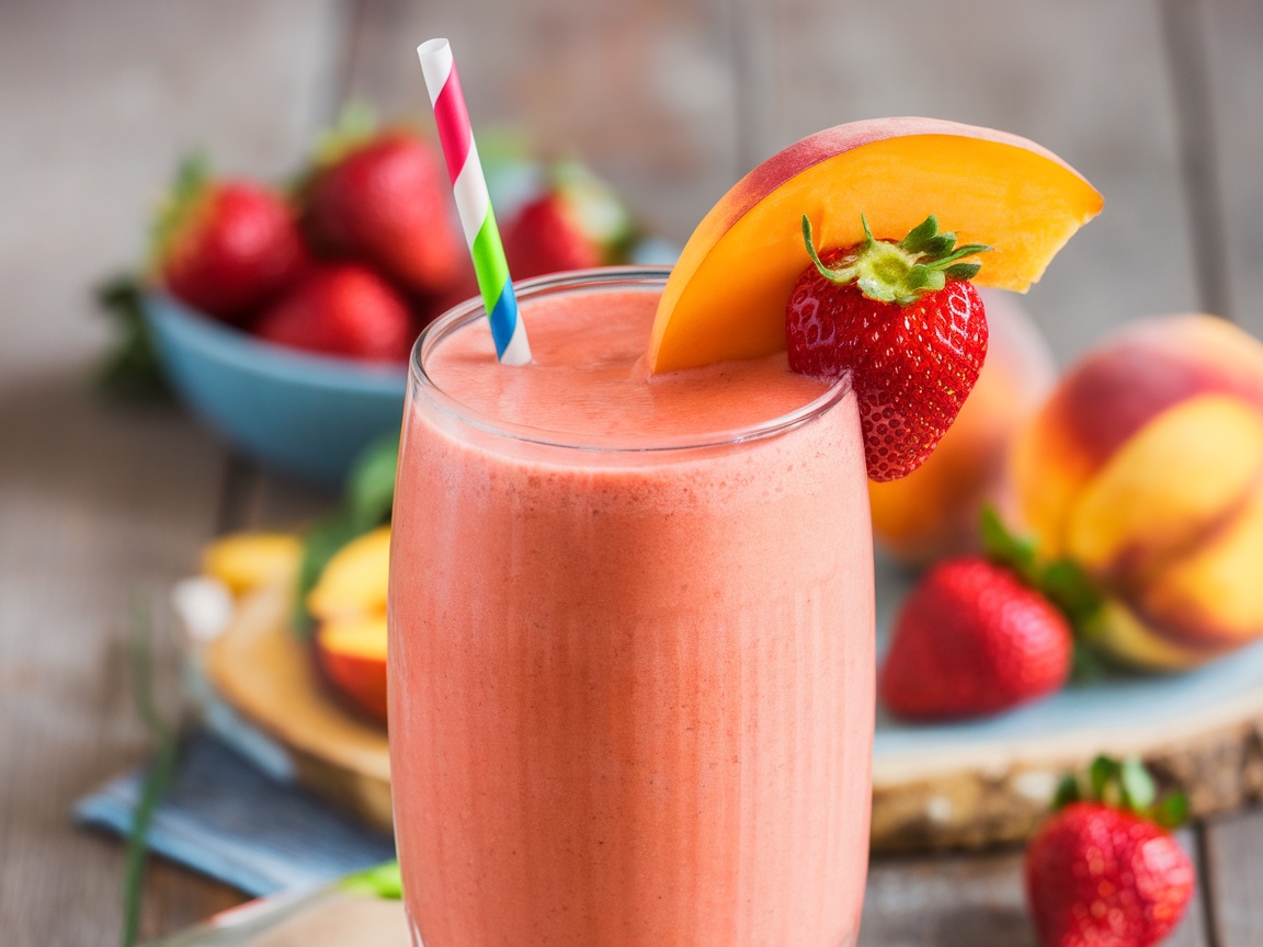 A refreshing strawberry peach smoothie in a glass, garnished with fruit, on a wooden table.