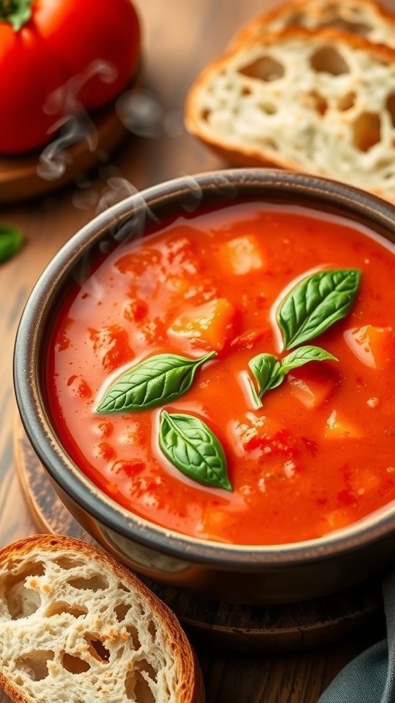 A bowl of Classic Tomato Basil Soup garnished with basil leaves, accompanied by crusty bread on a wooden table.