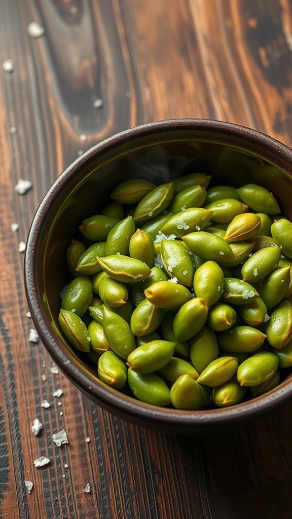 A bowl of edamame sprinkled with sea salt on a wooden surface