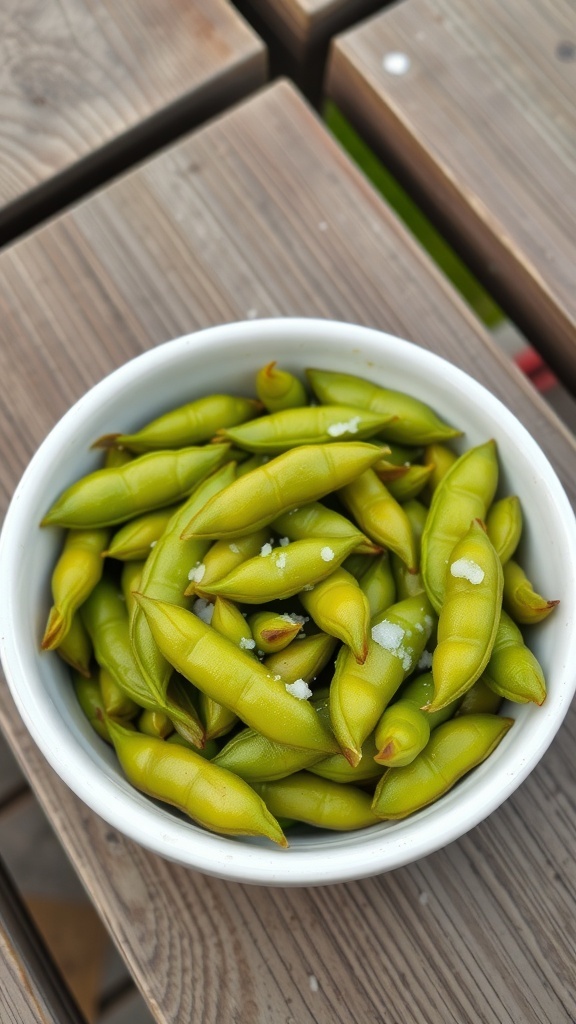 A bowl of edamame with sea salt on a wooden table.