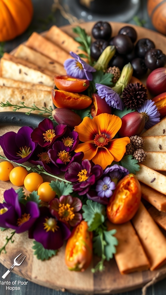 A Halloween charcuterie board featuring eerie edible flowers, cheese, and a candle.
