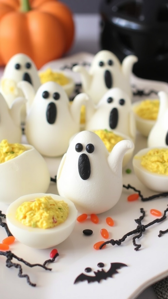 A plate of ghost-shaped egg salad made from hard-boiled eggs, with yolk filling and black olive eyes.