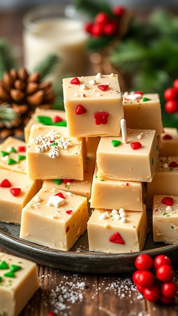 A plate of Eerie Eggnog Fudge squares decorated with festive candies.