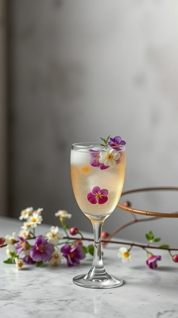 A glass of Eerie Elderflower Spritz garnished with edible flowers, set against a blurred background.