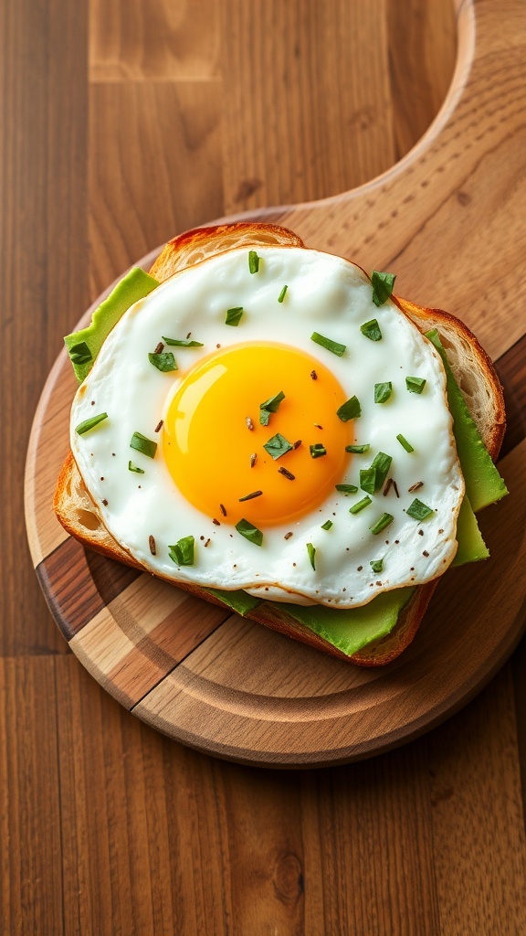 A delicious egg and avocado breakfast sandwich on a wooden board.