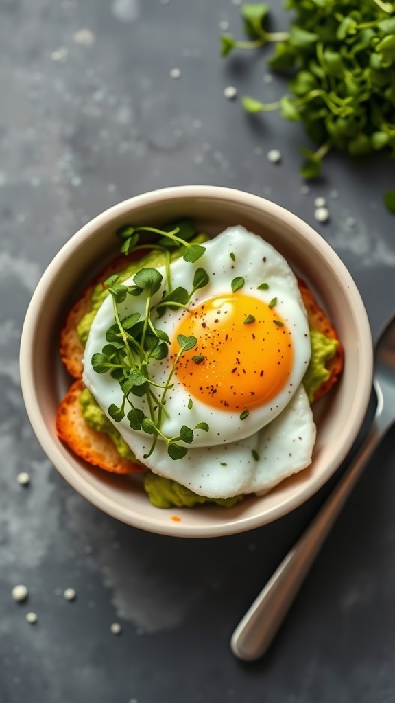 A bowl with avocado toast topped with a sunny-side-up egg and fresh herbs.