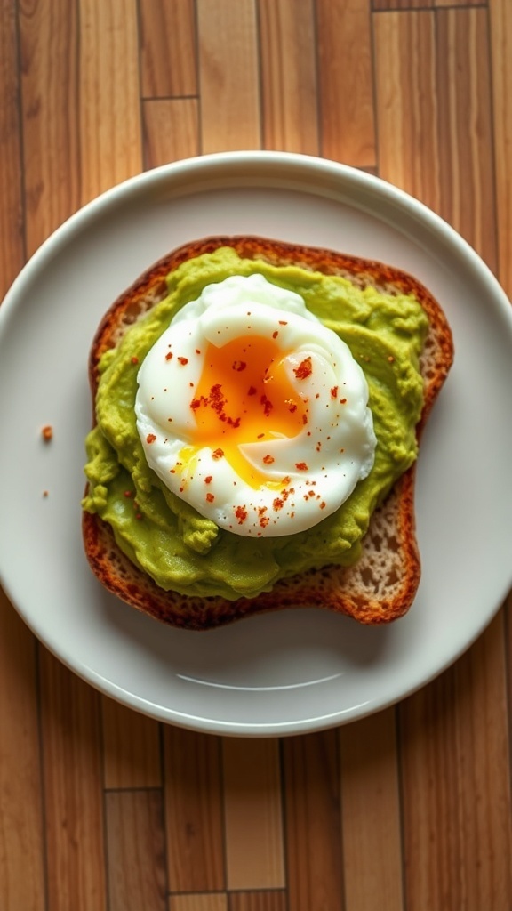 A plate of egg and avocado toast with a poached egg on top of mashed avocado on toasted bread.