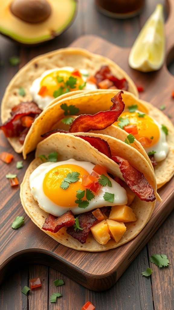 Delicious breakfast tacos with eggs and bacon topped with cilantro and diced tomatoes.