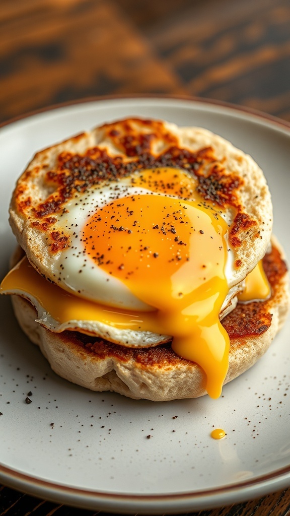 A delicious egg and cheese breakfast sandwich with a runny yolk on an English muffin.
