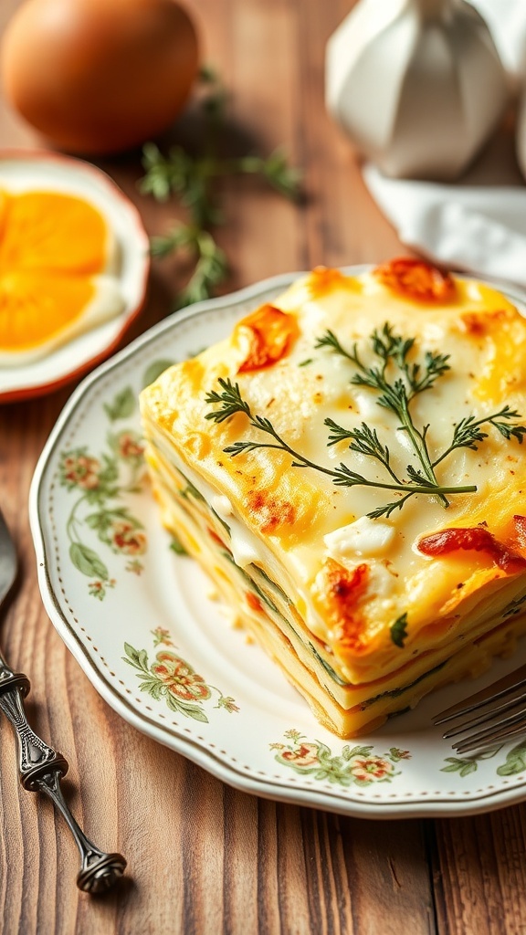 A slice of egg and cheese breakfast strata on a decorative plate, garnished with fresh herbs.