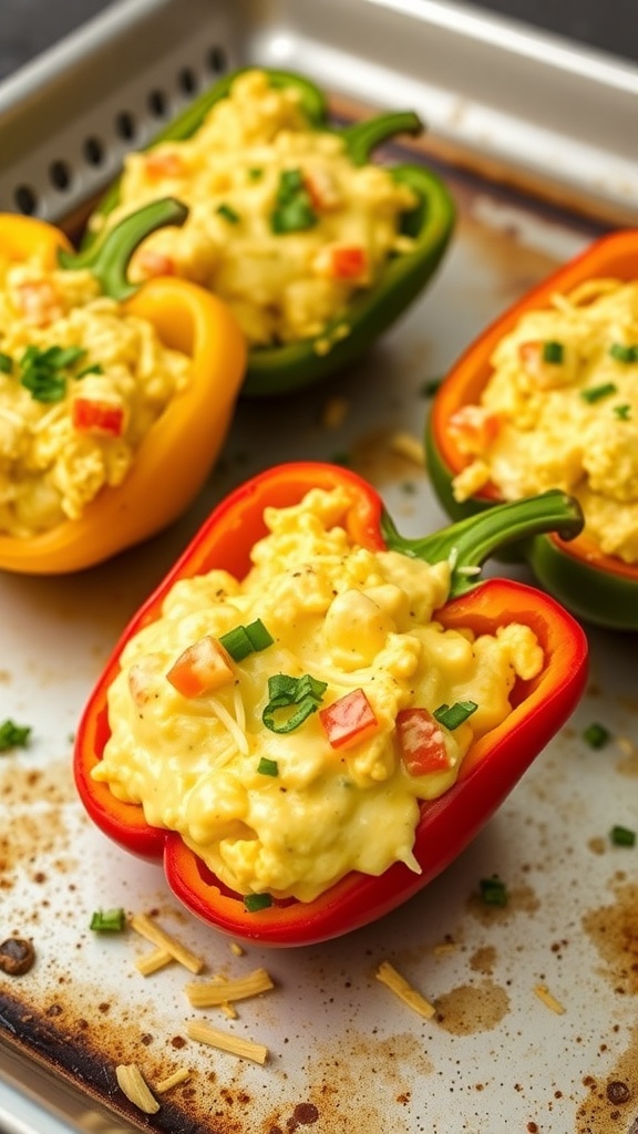 Egg and cheese stuffed bell peppers on a baking tray
