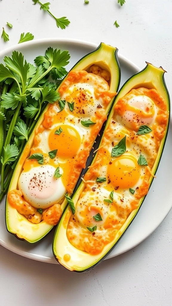 Egg and cheese stuffed zucchini boats with fresh herbs on a plate
