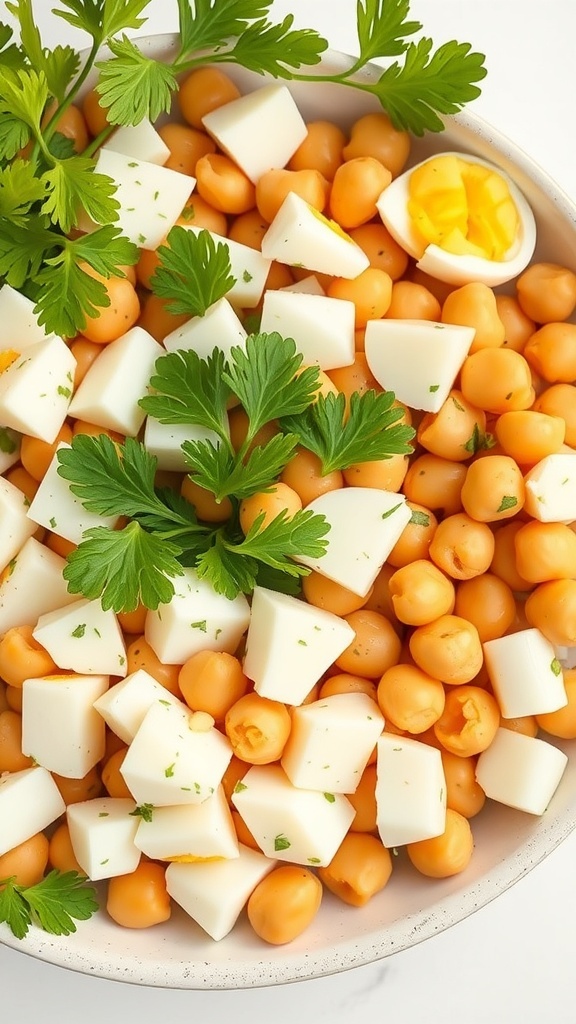 A bowl of egg and chickpea salad with parsley and cheese cubes.