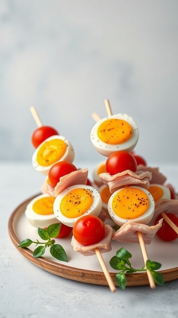 A plate of egg and ham breakfast skewers with hard-boiled eggs, cherry tomatoes, and ham slices.