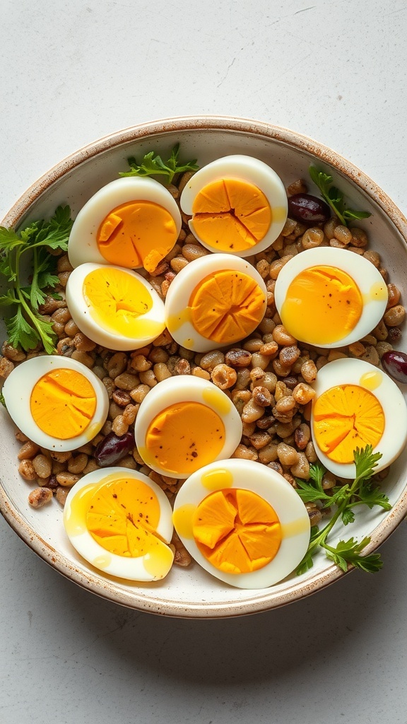 A bowl of egg and lentil salad featuring sliced boiled eggs on a bed of lentils and garnished with fresh herbs.