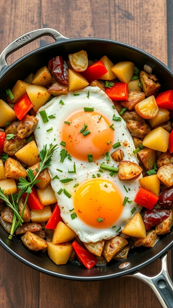 A skillet filled with egg and potato hash, featuring two sunny-side-up eggs on top of diced potatoes and colorful peppers.