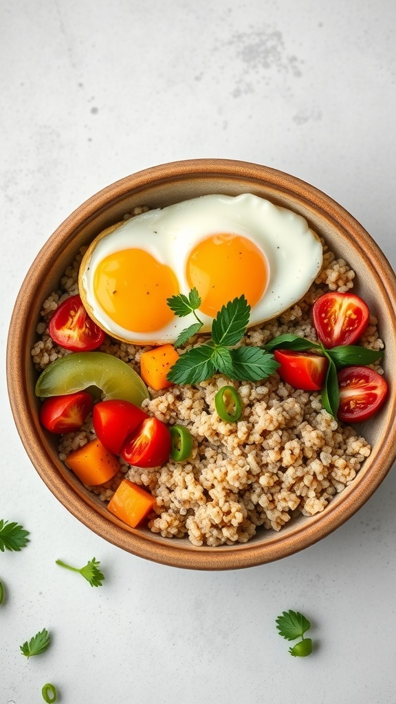 A delicious breakfast bowl with quinoa, cherry tomatoes, bell peppers, and two sunny-side-up eggs on top.