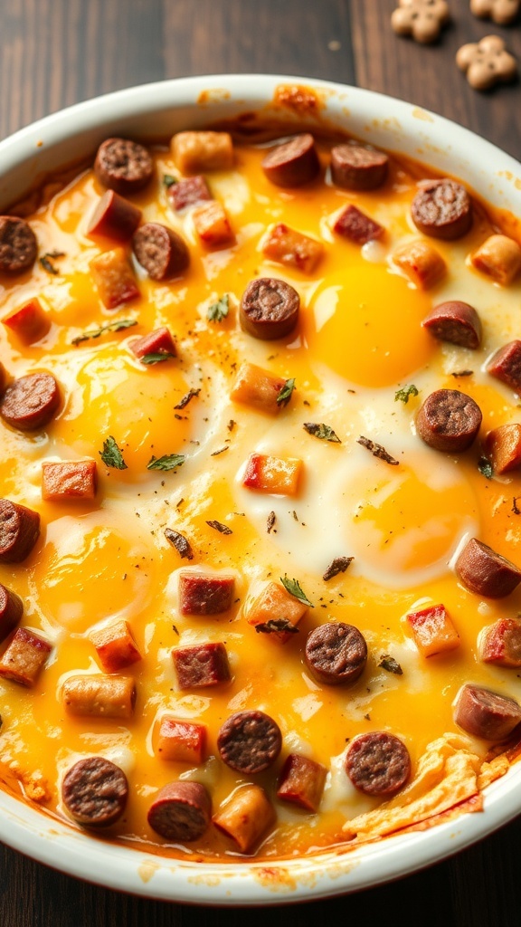 A delicious egg and sausage breakfast casserole topped with cheese and herbs.