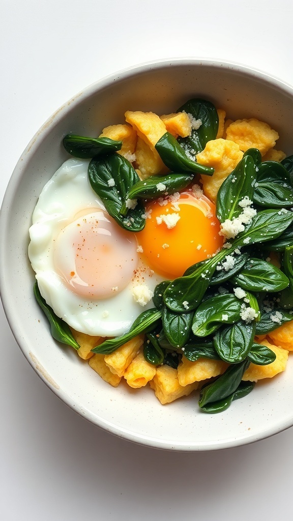 A bowl with spinach, two sunny-side-up eggs, and crispy pasta.