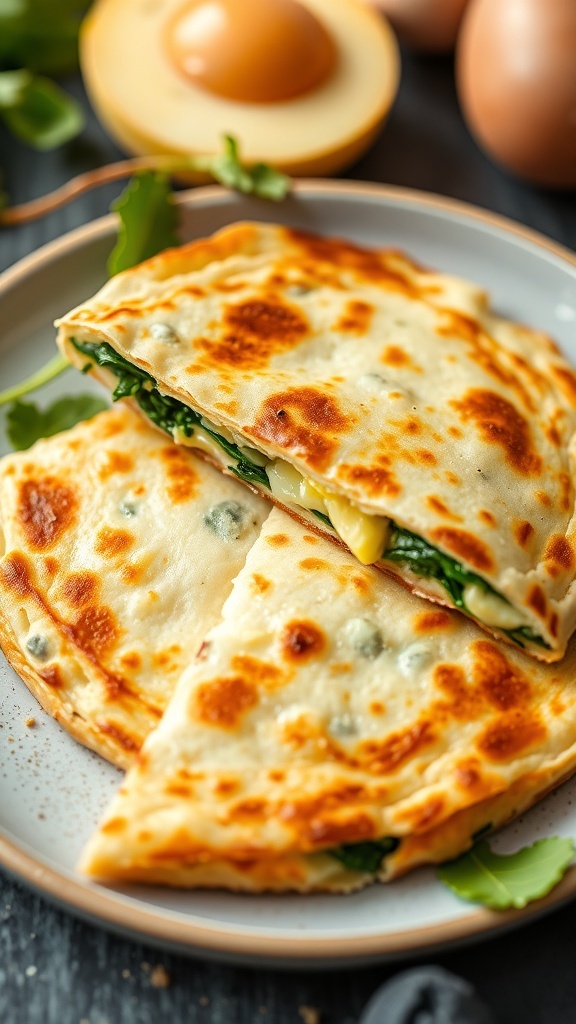 A delicious egg and spinach breakfast quesadilla cut into triangles on a plate, with fresh ingredients in the background.