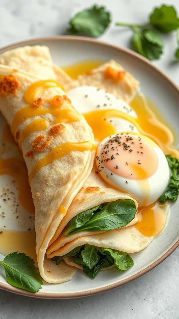 A plate of egg and spinach stuffed crepes with a soft-boiled egg and sauce