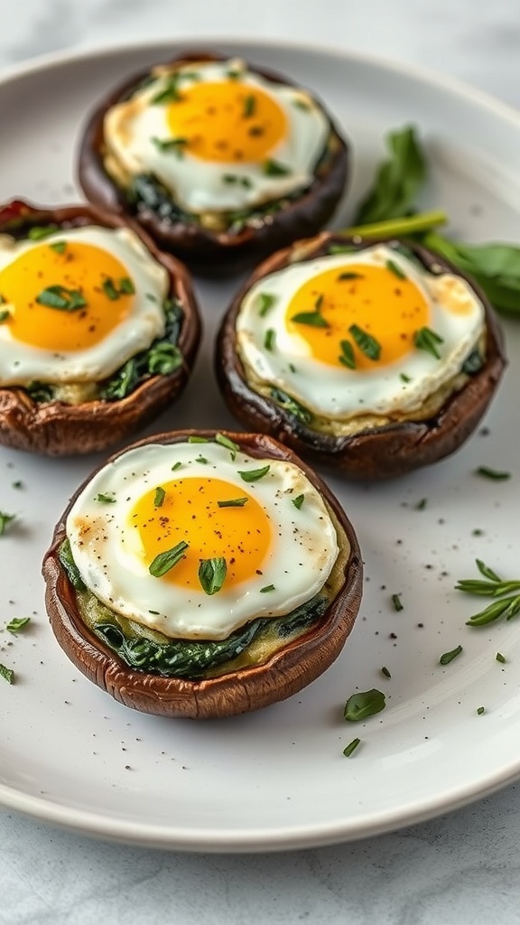 Egg and spinach stuffed portobello mushrooms on a plate