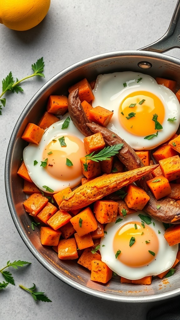 A pan filled with egg and sweet potato hash, featuring sunny-side-up eggs, diced sweet potatoes, and fresh herbs.